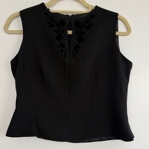 Kasper & Co. Black Sleeveless Blouse with Floral Velvet Detail, Sz. 4P